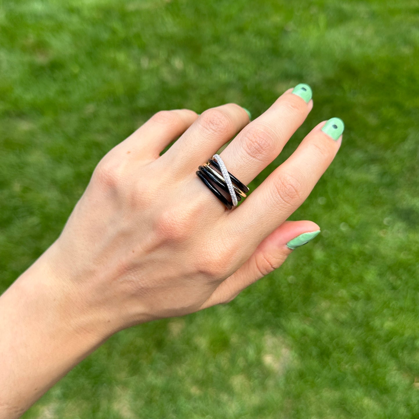Estate Effy 14KT Yellow + Pave Diamond Black Onyx Multi Band Ring