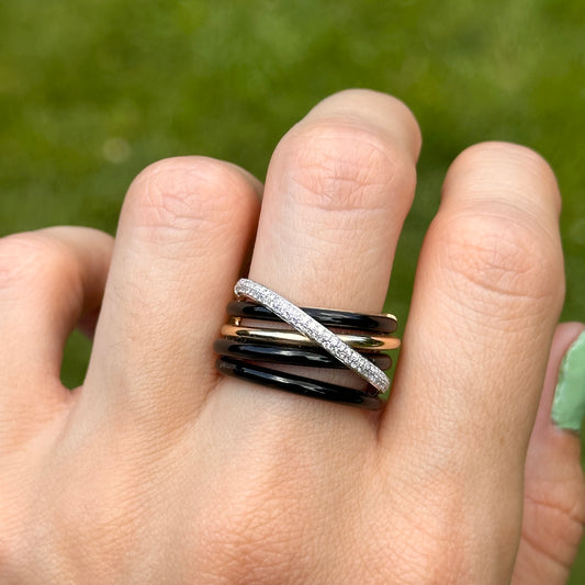 Estate Effy 14KT Yellow + Pave Diamond Black Onyx Multi Band Ring