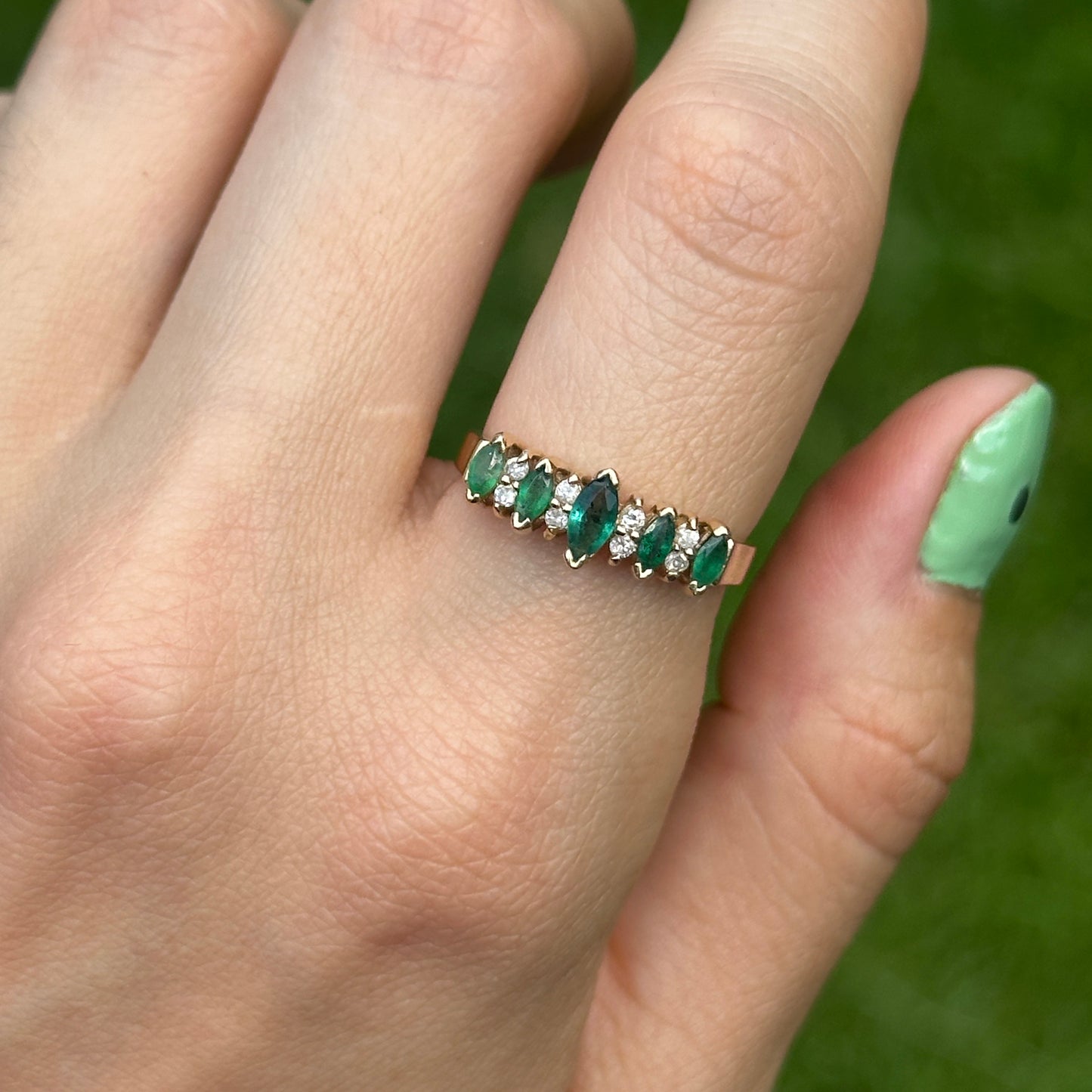 Estate 14KT Yellow Gold Marquise Emerald + Round Diamond Ring