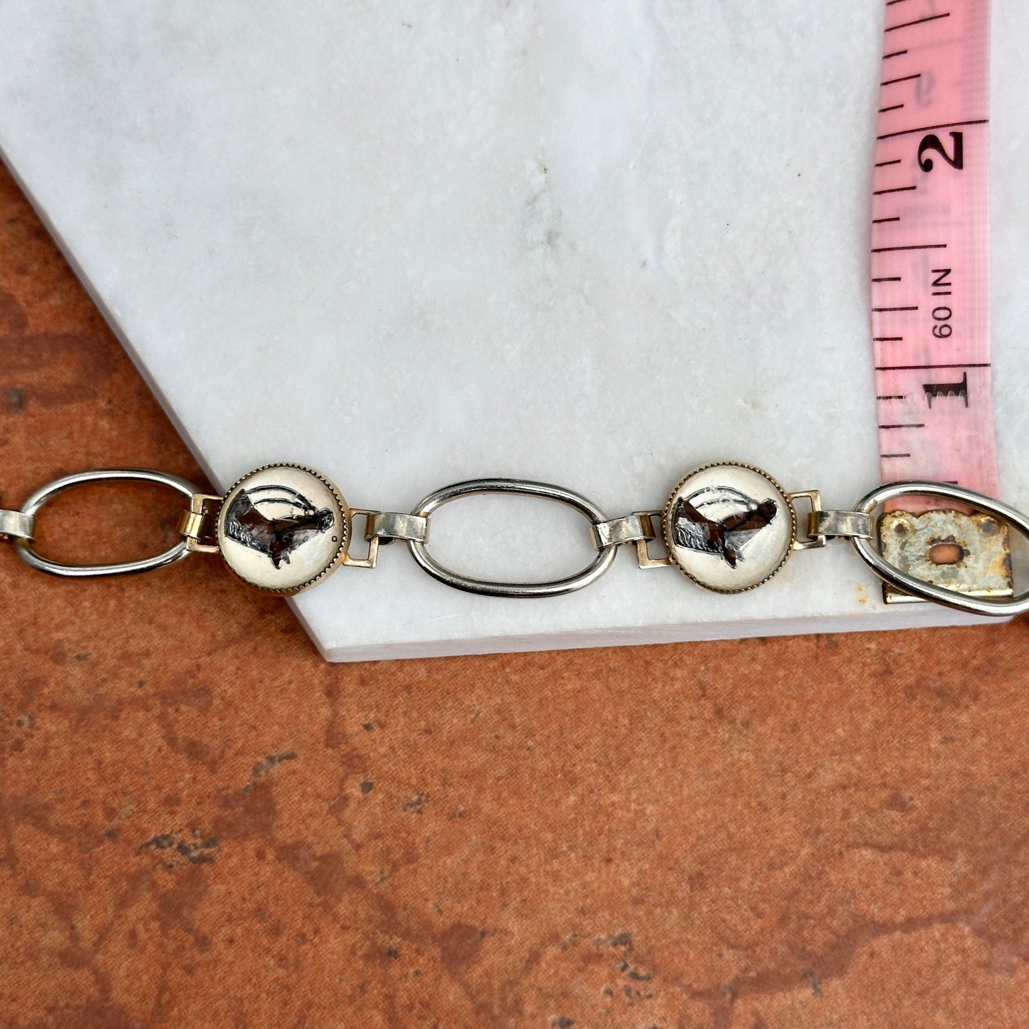 Estate Antique Silver Tone Painted Horse Bubble Glass Bracelet 7.5'' - LSJ