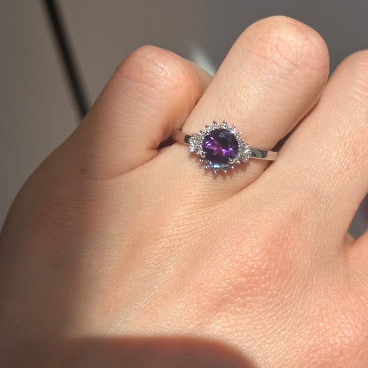 14KT White Gold Round Amethyst + Diamond Ballerina Ring
