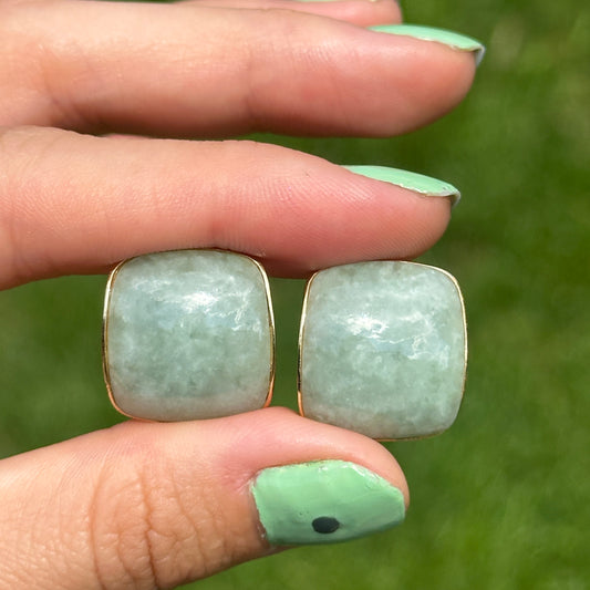 Estate 14K Yellow Gold Curved Cushion Jade Bezel Earrings