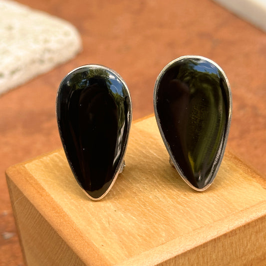 Estate Sterling Silver + Black Onyx Teardrop Omega Back Earrings