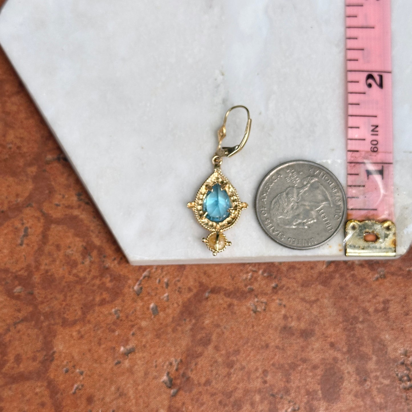 Estate 14KT Yellow Gold Pear Swiss Blue Topaz + Pearl Filigree Dangle Earrings