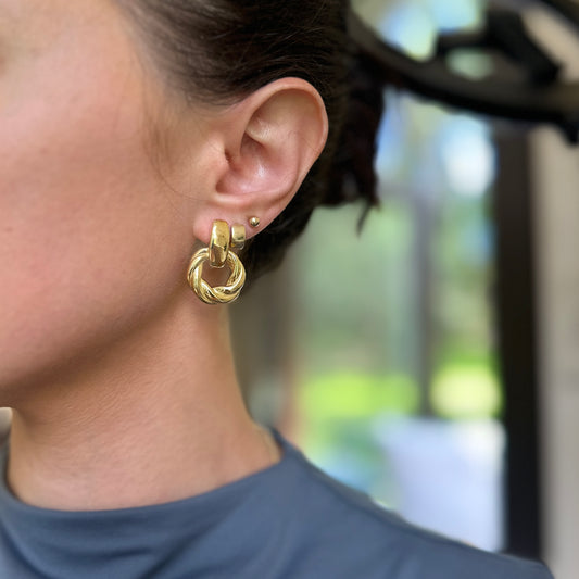 14KT Yellow Gold Door Knocker Dangle Omega Back Twist Circle Earrings - LSJ