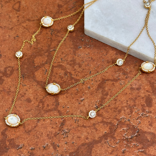 Estate Sterling Silver Yellow Gold Plated Mother of Pearl + Cubic Zirconia Freida Rothman Station Necklace 36"