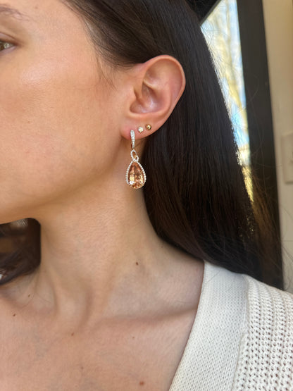 Estate 14KT White Gold Pear Peach Morganite + Diamond Hoop Earrings