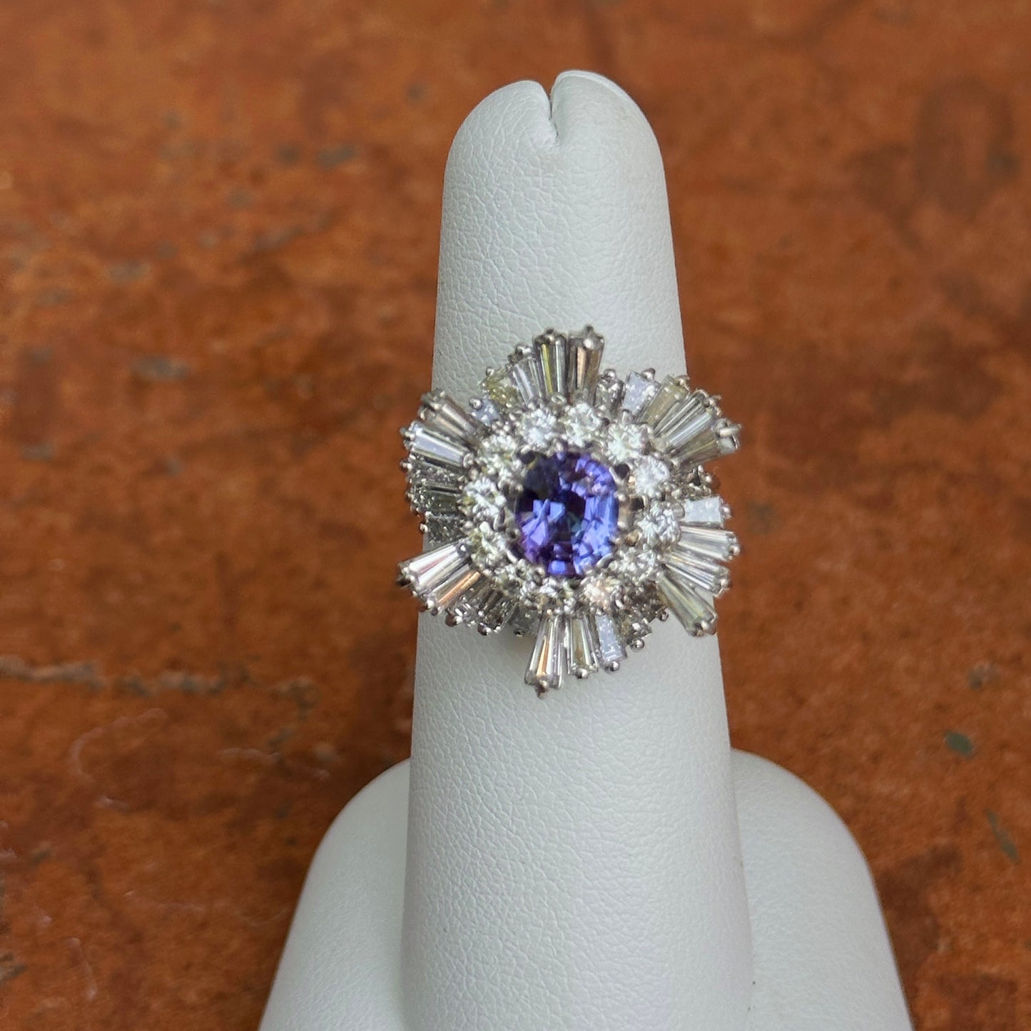 Estate 18KT White Gold Oval Tanzanite + Baguette Diamond Ballerina Ring