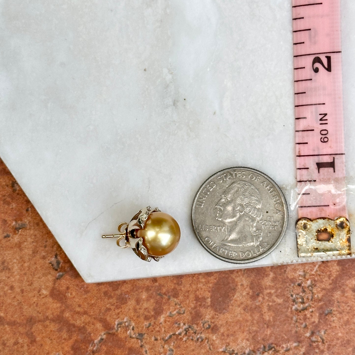 Estate 18KT Yellow Gold Golden Pearl Stud Earrings + Diamond Jackets