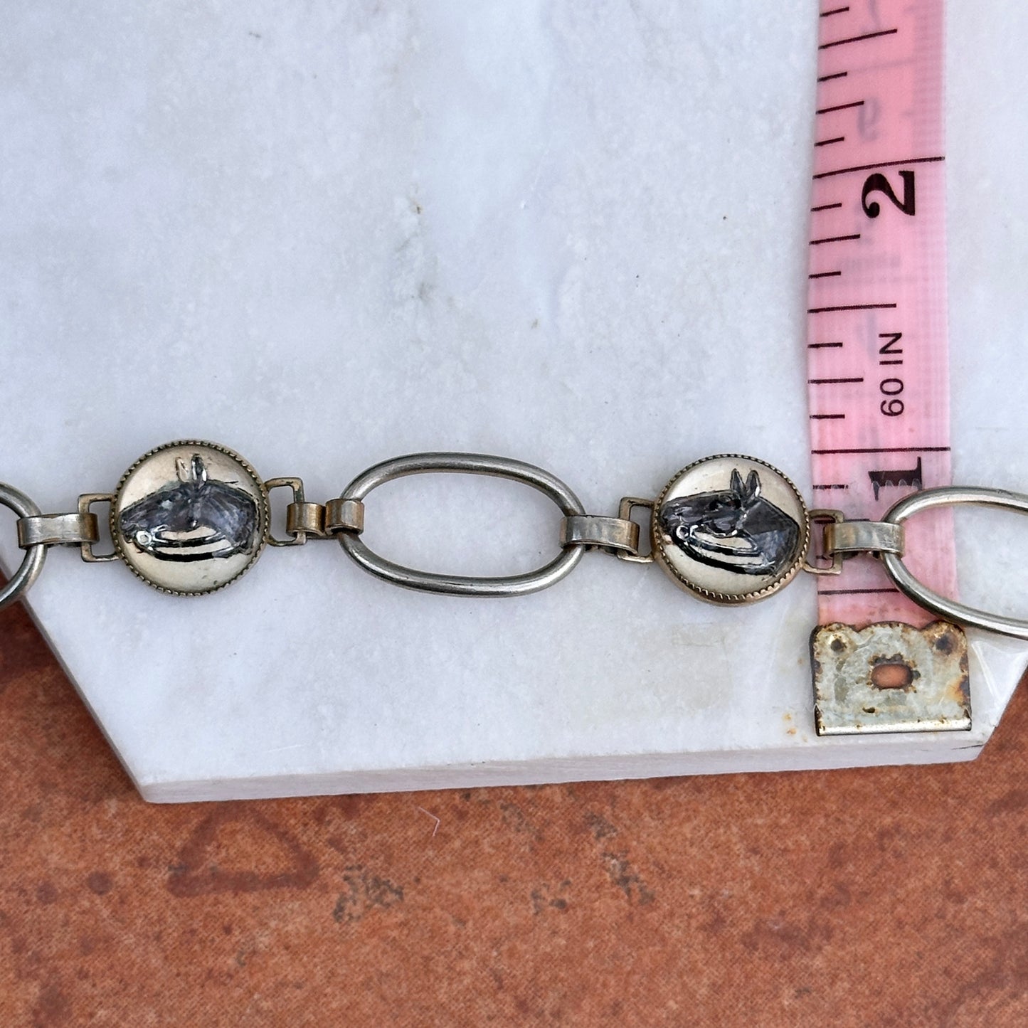 Estate Antique Silver Tone Painted Horse Bubble Glass Bracelet 7.75''