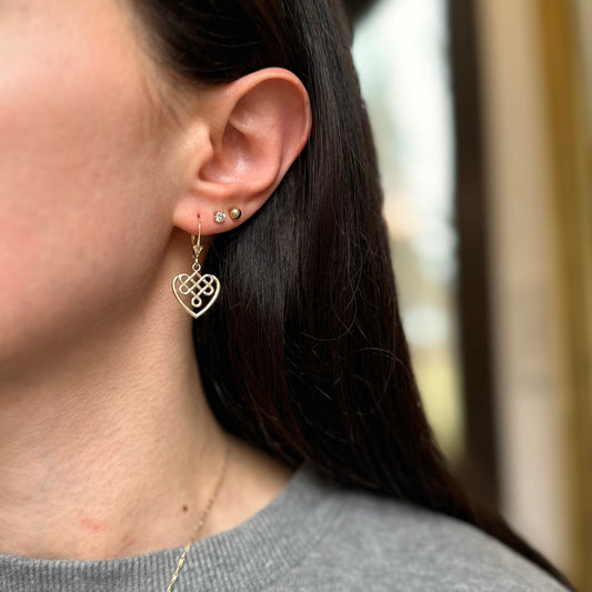 14KT Yellow Gold Celtic Knot Heart Lever Back Earrings