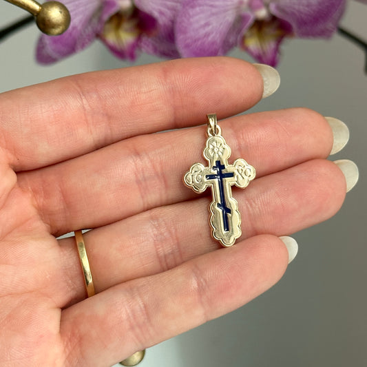 14KT Yellow Gold Blue Enamel Eastern Orthodox Cross Pendant