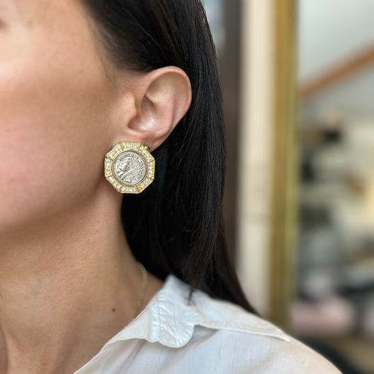Vintage Gold-Tone Ancient Replica Coin + Stones Octagon Clip Earrings - LSJ