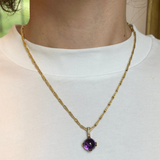 Estate 18KT Yellow Gold Cabochon Amethyst + Diamond Pendant Slide