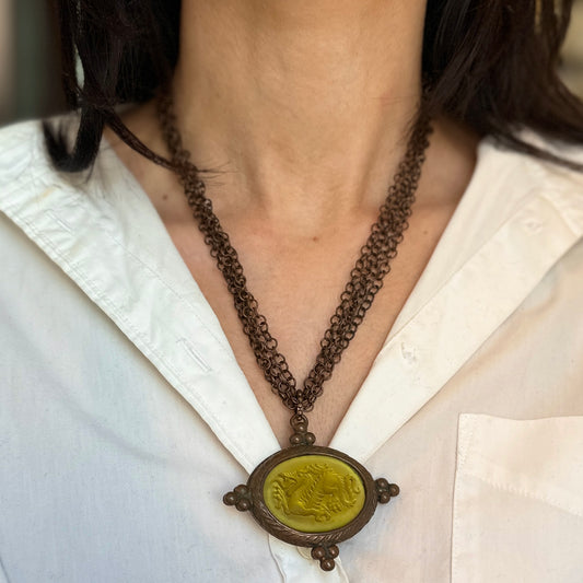 Estate Babyone Paris Bronze Tone Dragon Cameo Intalio Green Venetian Glass Necklace 18” - LSJ