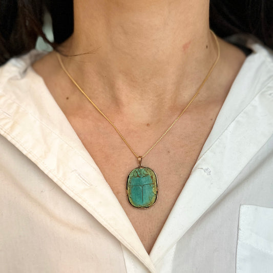 Estate 14KT Yellow Gold and Turquoise Color Steatite Scarab Large Carved Beetle Pendant