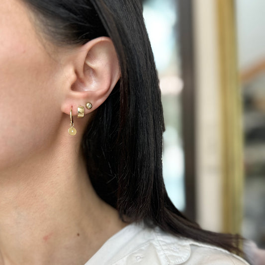 14KT Yellow Gold Small Endless Hoop + Diamond Disc Charms Earrings