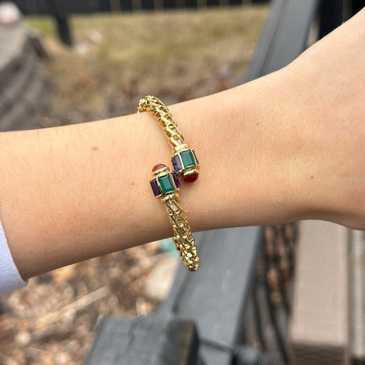 Estate 14KT Yellow Gold Birdcage Amethyst, Green Onyx, + Carnelian Bangle Bracelet