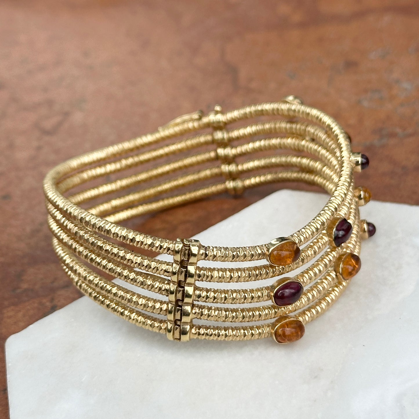 Estate 18KT Yellow Gold Wave Cuff Citrine + Garnet Cuff Bracelet