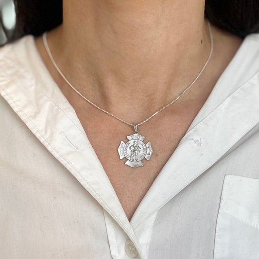 Sterling Silver Rhodium Plated Saint Florian Badge Pendant 23.5mm - LSJ