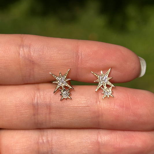 14KT Yellow Gold Pave Round Diamond Double Star Stud Earrings