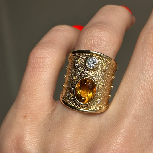 Estate 18KT Yellow Gold Byzantine Citrine + White Topaz Wide Ring - LSJ