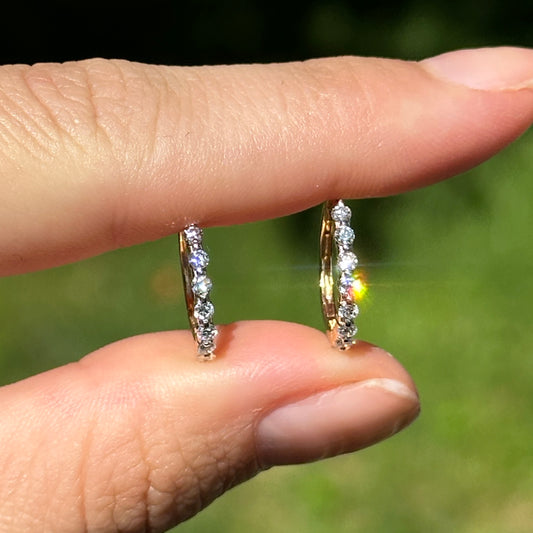 14KT Yellow Gold Prong Set Round Diamond Hoop Huggie Earrings