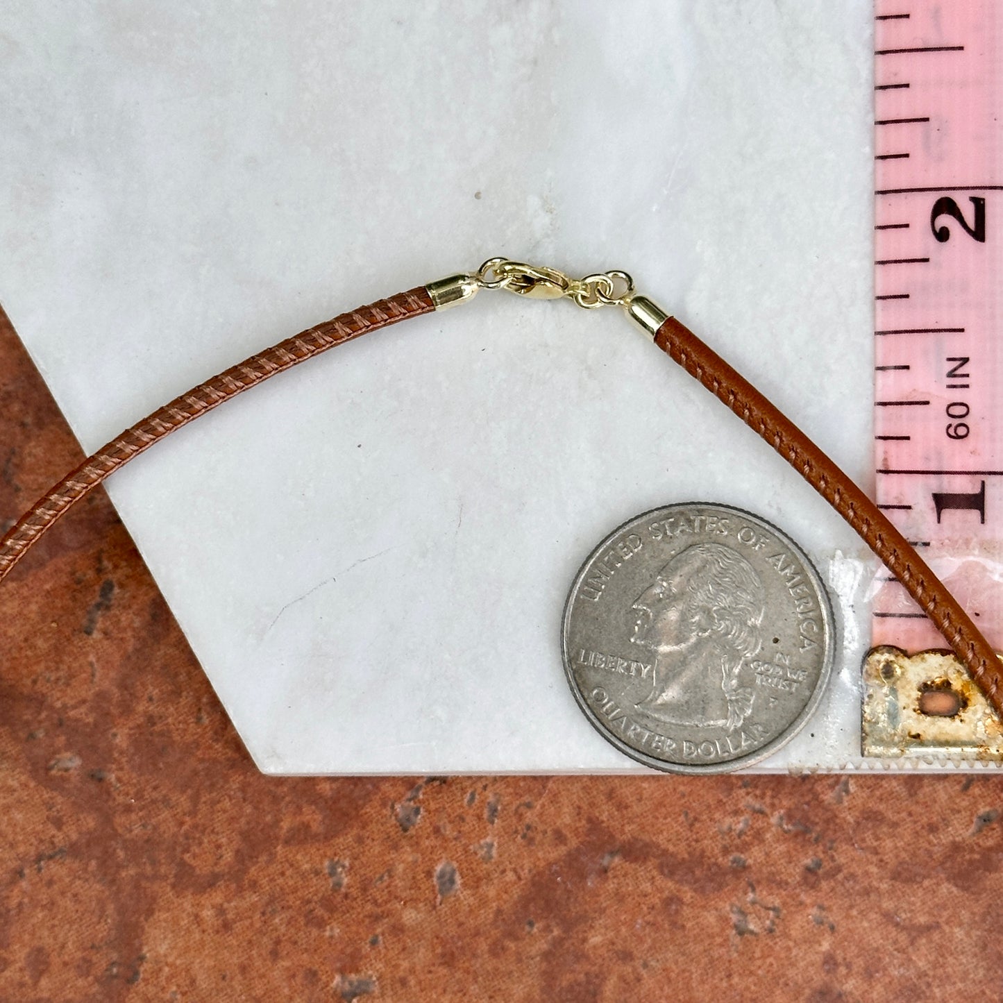 14KT Yellow Gold 2.5mm Cognac Brown Stitched Leather Necklace