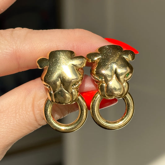 Estate 14KT Yellow Gold + Emerald Eyes Panther Cat Doorknocker Earrings