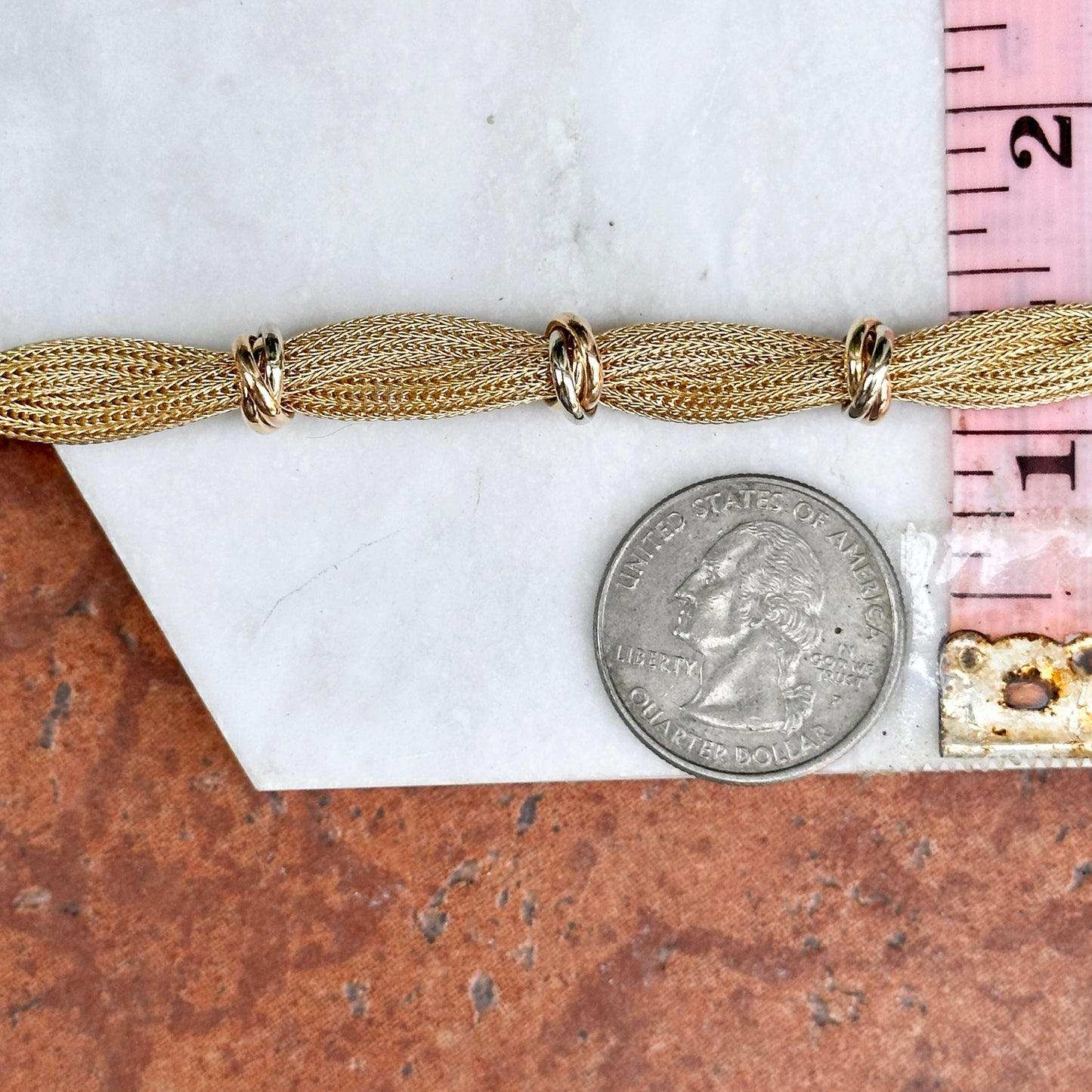 Estate 18KT Yellow Gold Mesh Twist Bracelet + Tri-Gold Rings