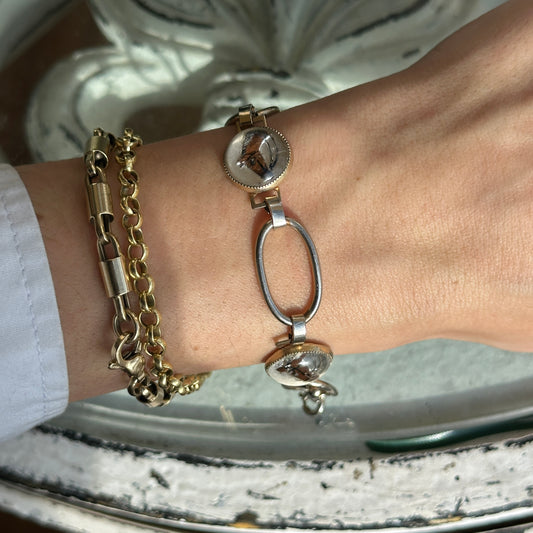 Estate Antique Silver Tone Painted Horse Bubble Glass Bracelet 7.5'' - LSJ