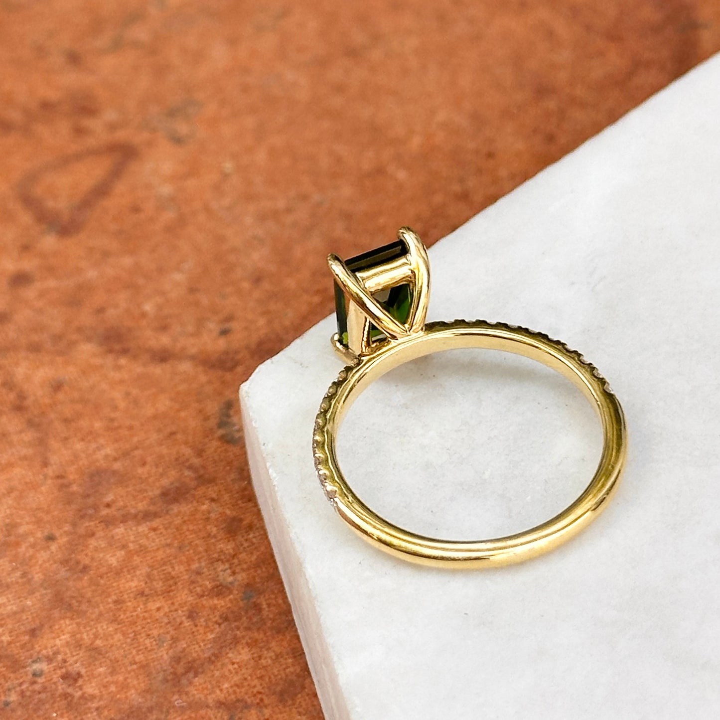 Estate 14KT Yellow Gold Emerad-Cut Tsavorite + Diamond Ring
