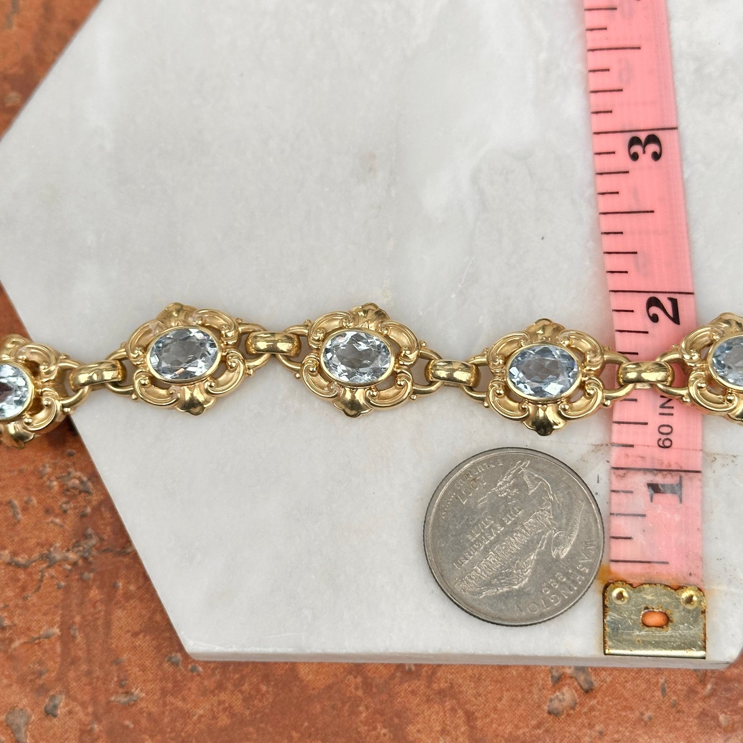 Estate 14KT Yellow Gold Oval Blue Gemstone Filigree Bracelet