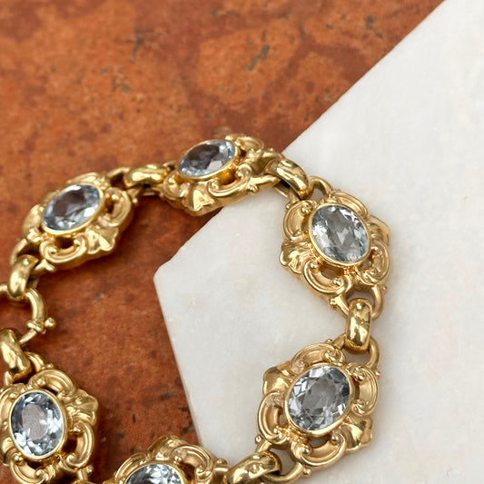 Estate 14KT Yellow Gold Oval Blue Gemstone Filigree Bracelet