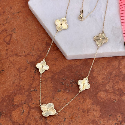 14KT Yellow Gold Ribbed Station 4 Leaf Clover Chain Necklace
