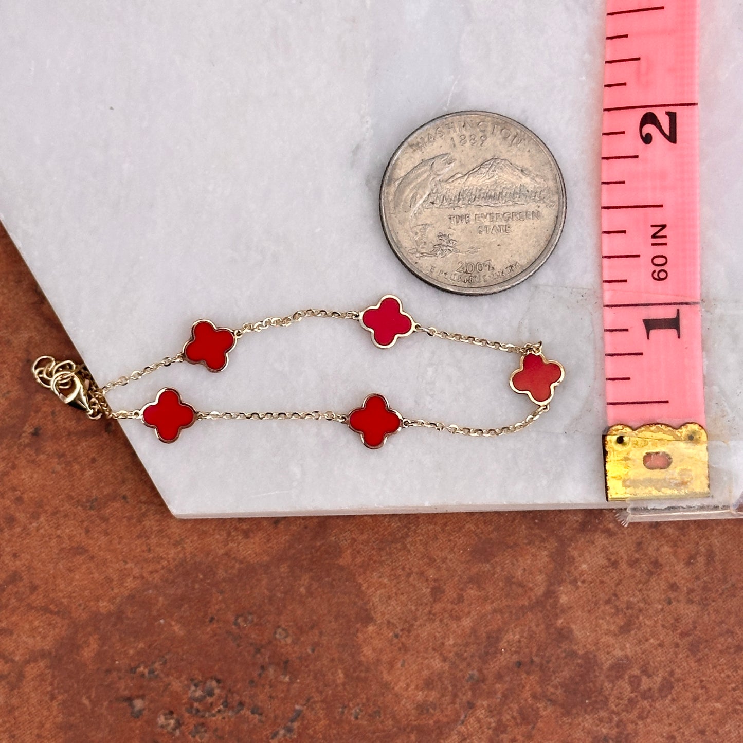 14KT Yellow Gold Red Enamel 7mm Clover Station Chain Bracelet