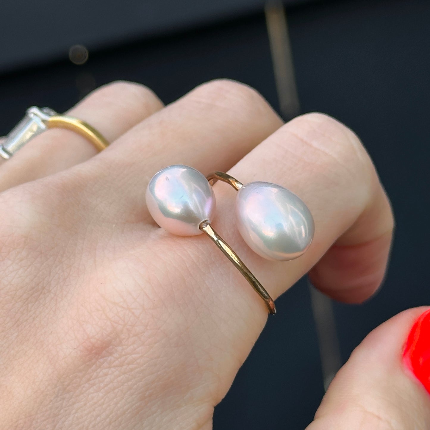 Yellow Gold-Filled Teardrop Tahitian Pearl Bypass Ring
