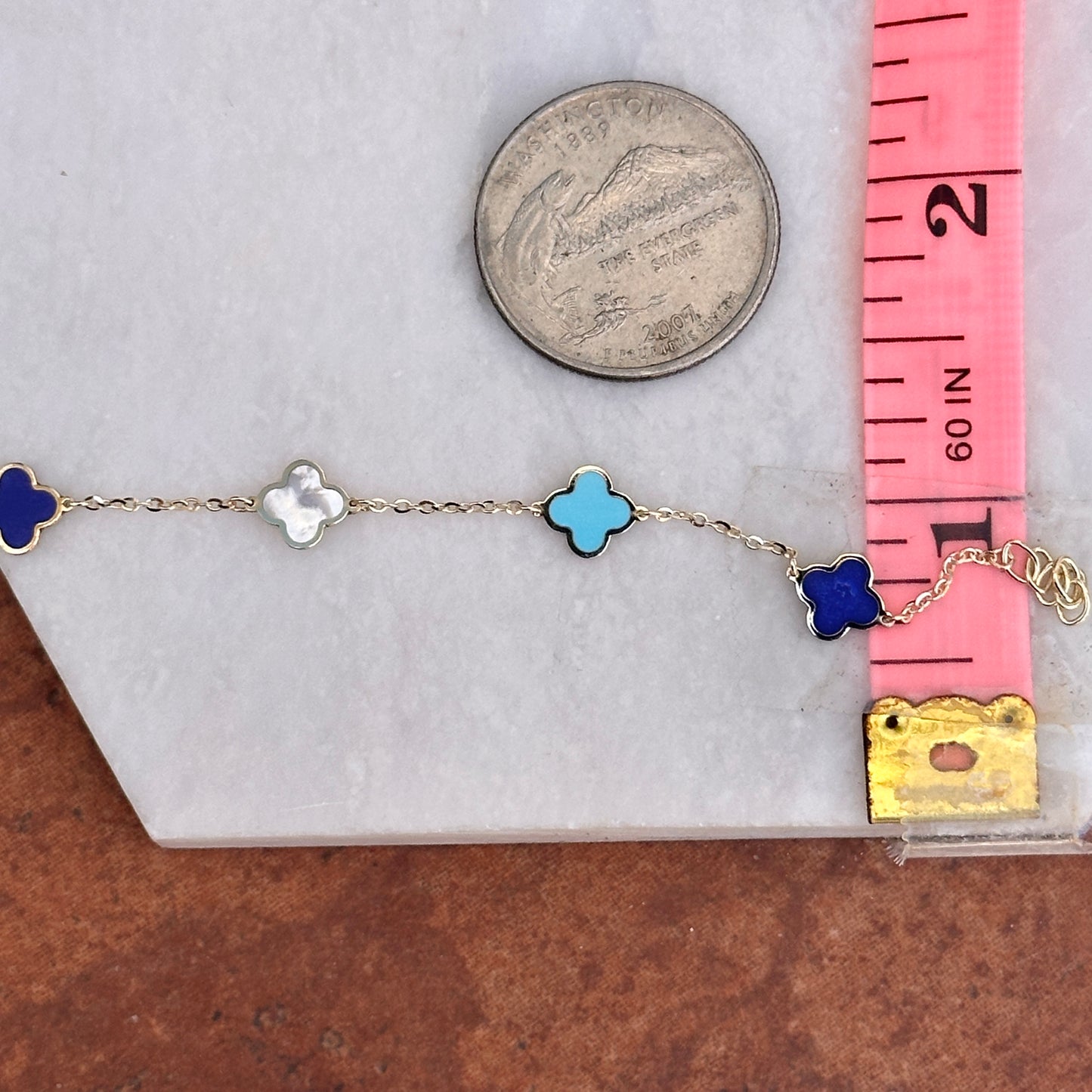 14KT Yellow Gold Turquoise, Lapis + Mother of Pearl 7mm Clover Station Bracelet