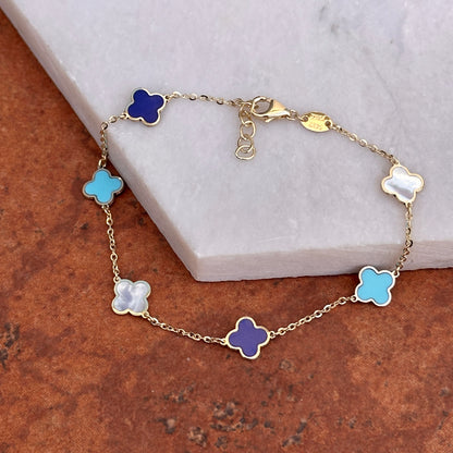 14KT Yellow Gold Turquoise, Lapis + Mother of Pearl 7mm Clover Station Bracelet
