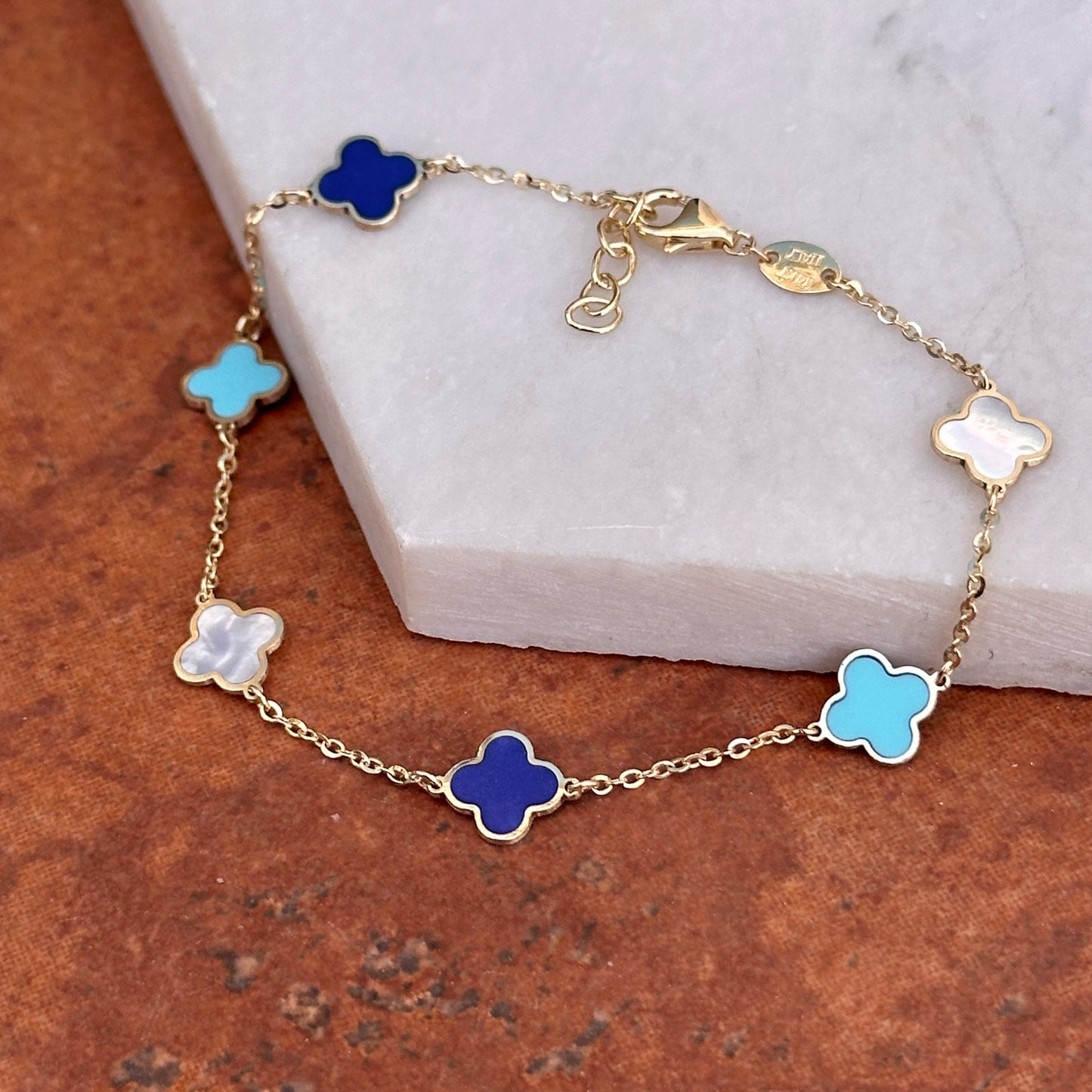 14KT Yellow Gold Turquoise, Lapis + Mother of Pearl 7mm Clover Station Bracelet