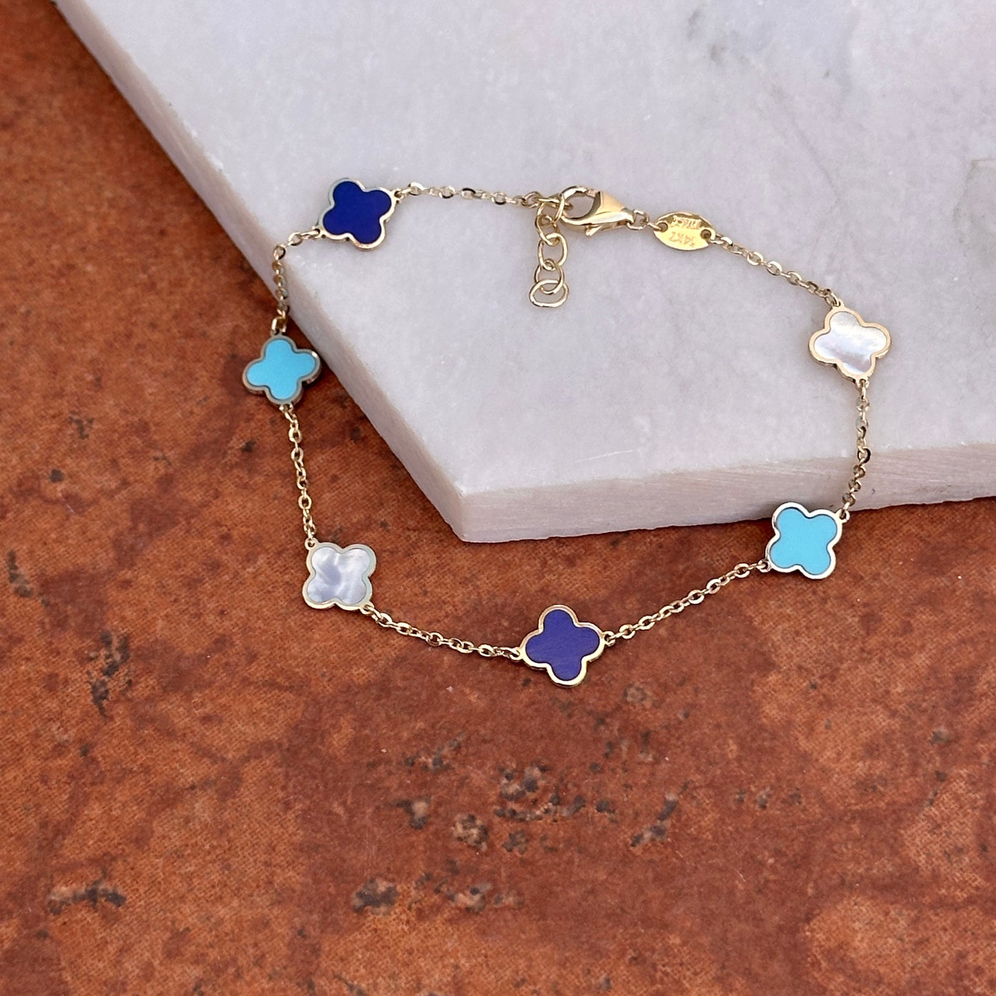 14KT Yellow Gold Turquoise, Lapis + Mother of Pearl 7mm Clover Station Bracelet