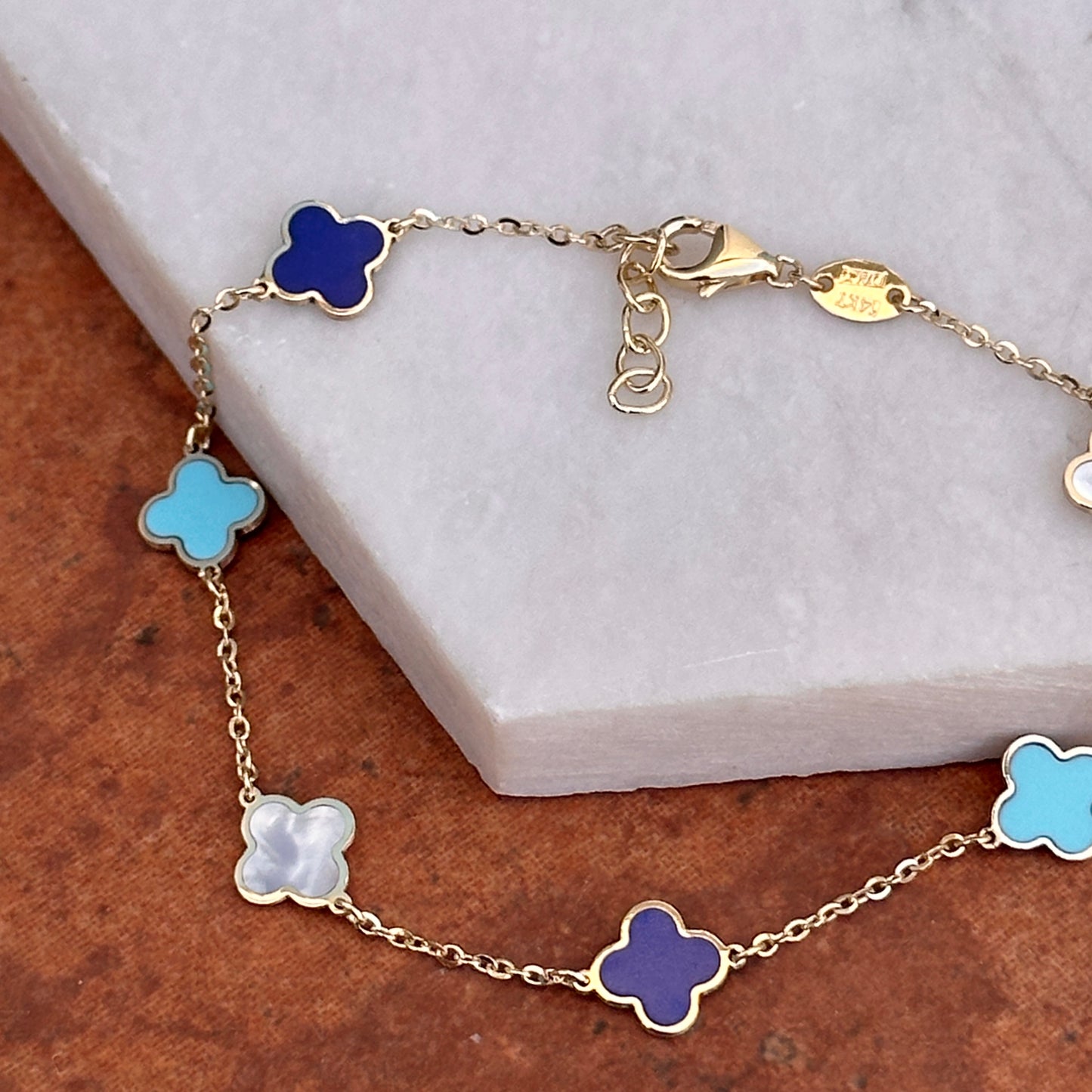 14KT Yellow Gold Turquoise, Lapis + Mother of Pearl 7mm Clover Station Bracelet