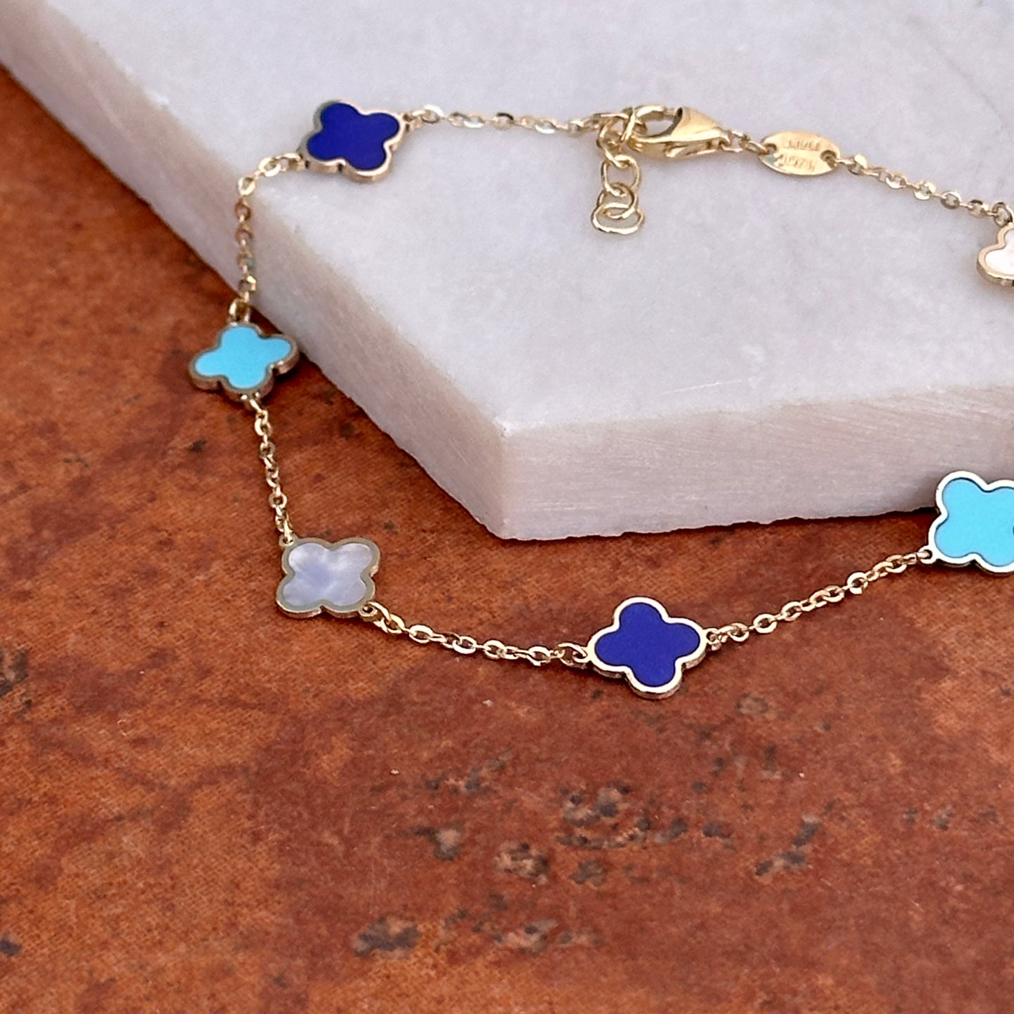 14KT Yellow Gold Turquoise, Lapis + Mother of Pearl 7mm Clover Station Bracelet