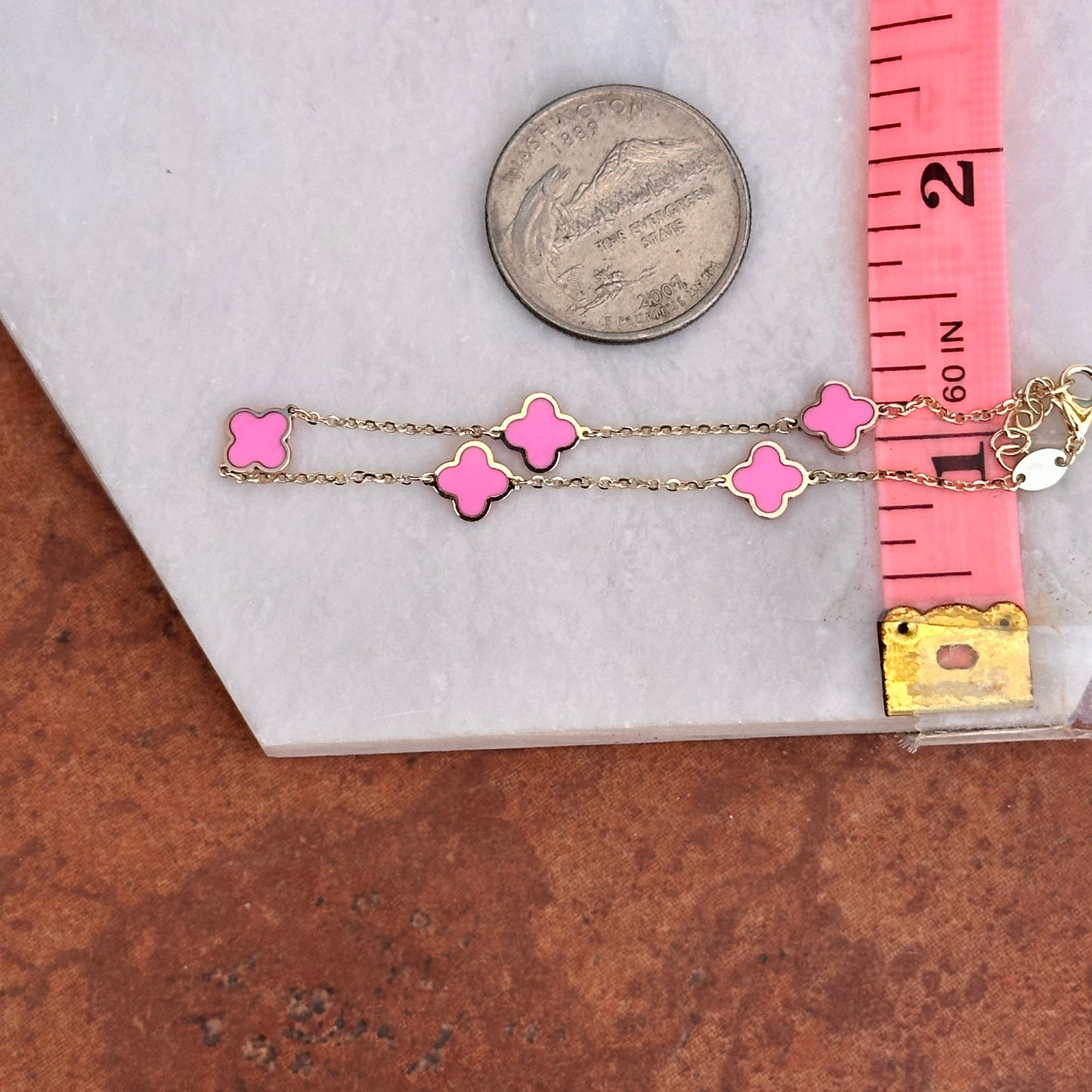 14KT Yellow Gold Pink Enamel 7mm Clover Station Bracelet