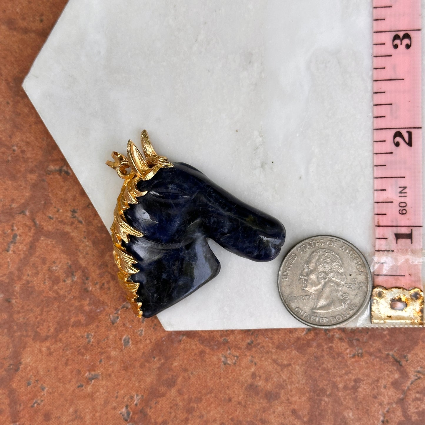 Estate Gold-Tone Carved Sodalite Horse Head Pendant