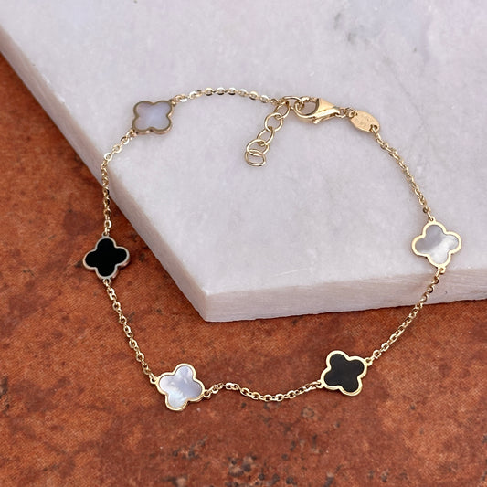 14KT Yellow Gold Black Onyx + Mother of Pearl 7mm Clover Station Bracelet