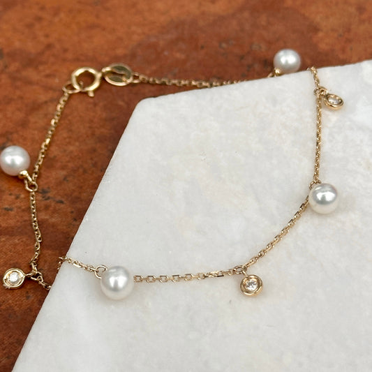 Estate 14KT Yellow Gold Diamond + Pearl Dangle Bracelet