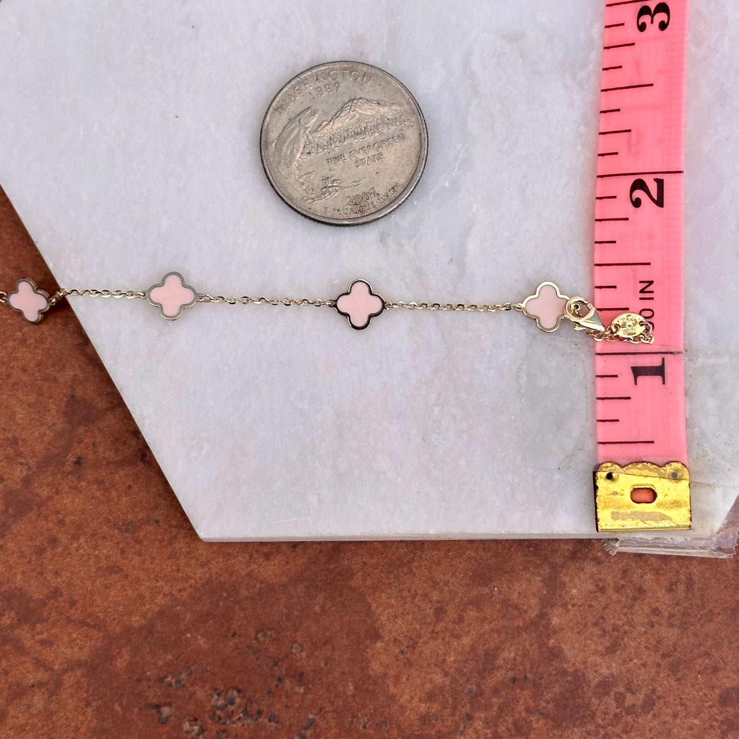 14KT Yellow Gold Light Pink Enamel 7mm Clover Station Bracelet