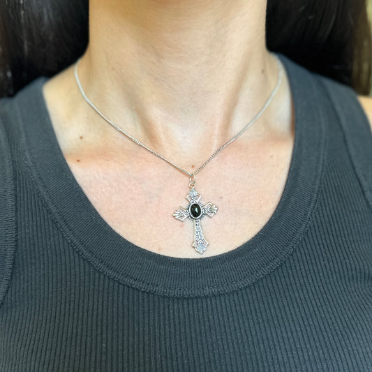 Sterling Silver Antiqued Black Onyx Cross Pendant