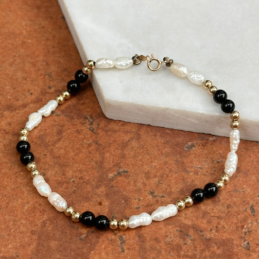Estate 14KT Yellow Gold Bead, Freshwater Baroque Pearl and Onyx Bead Bracelet